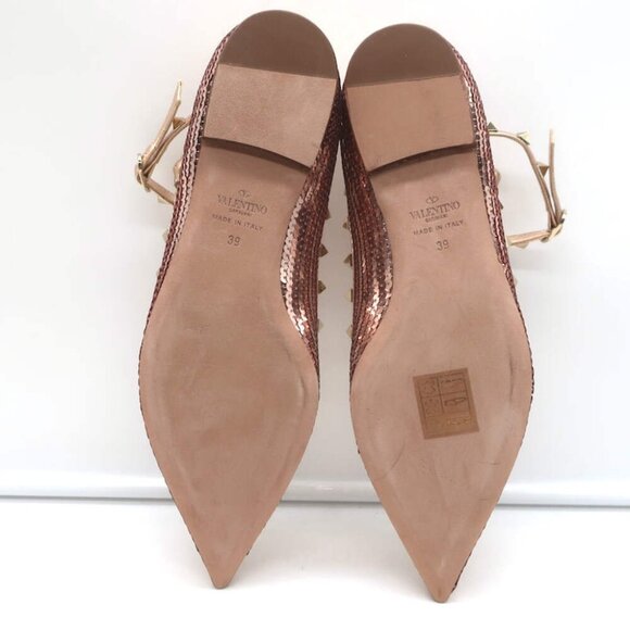 Valentino Sequin Rockstud Caged Ballet Flats Metallic Rose Gold Size 39 NEW - Picture 10 of 11